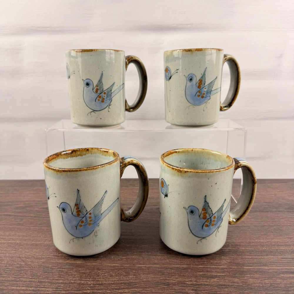 Ken Edwards El Palomar Tonala Mexico Pottery 10 oz Mugs Set of 4 Birds Flowers